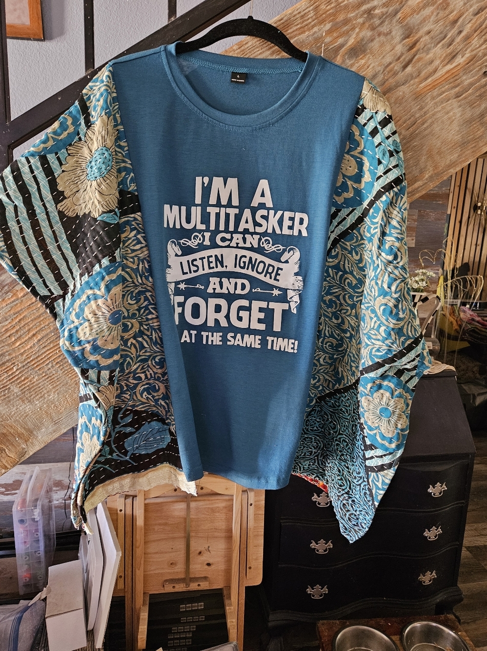 Upcycled Teal Multitasker Tee with Floral Kantha Sleeves